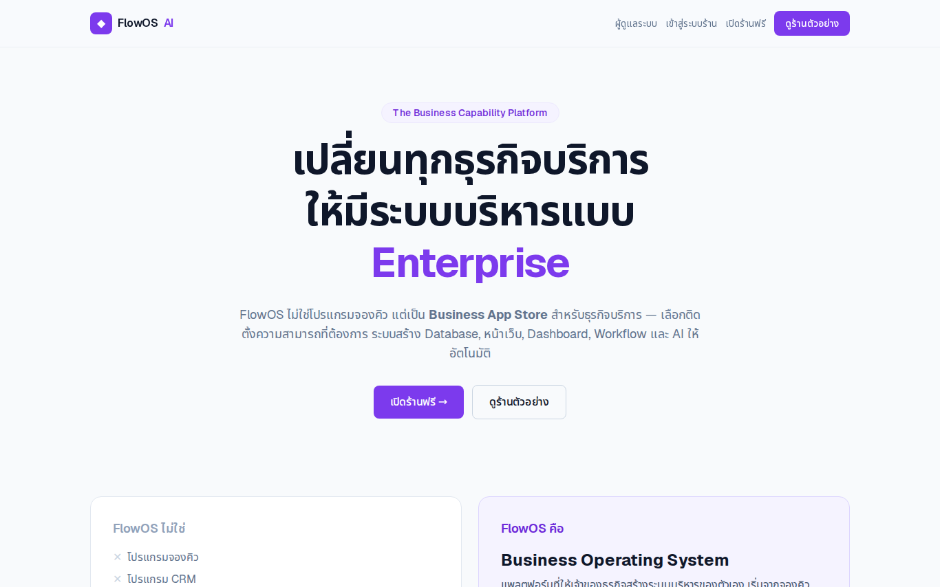 หน้าแรก FlowOS แสดงหัวเรื่องและปุ่มเปิดร้านฟรีกับดูร้านตัวอย่าง