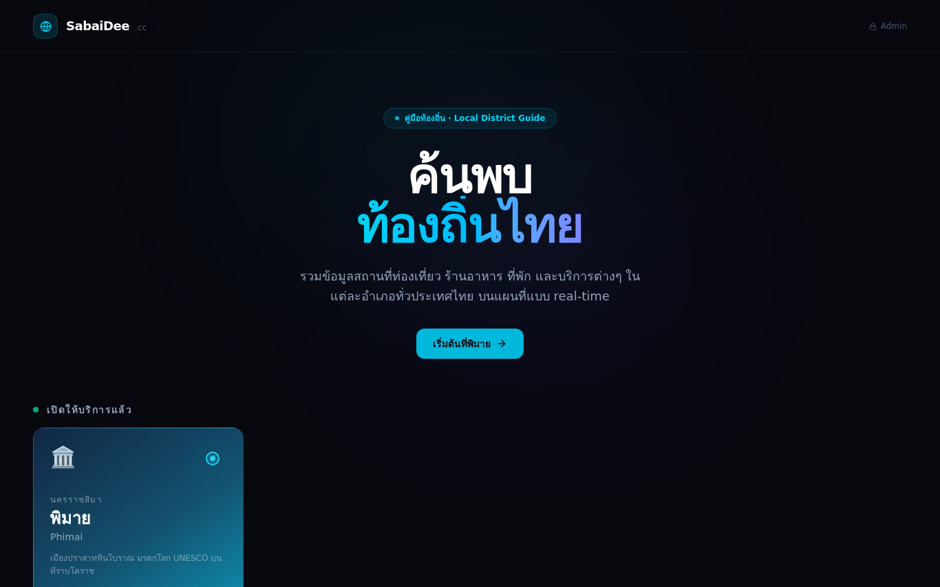 หน้าแรก SabaiDee แสดงหัวเรื่องค้นพบท้องถิ่นไทยและการ์ดอำเภอพิมาย